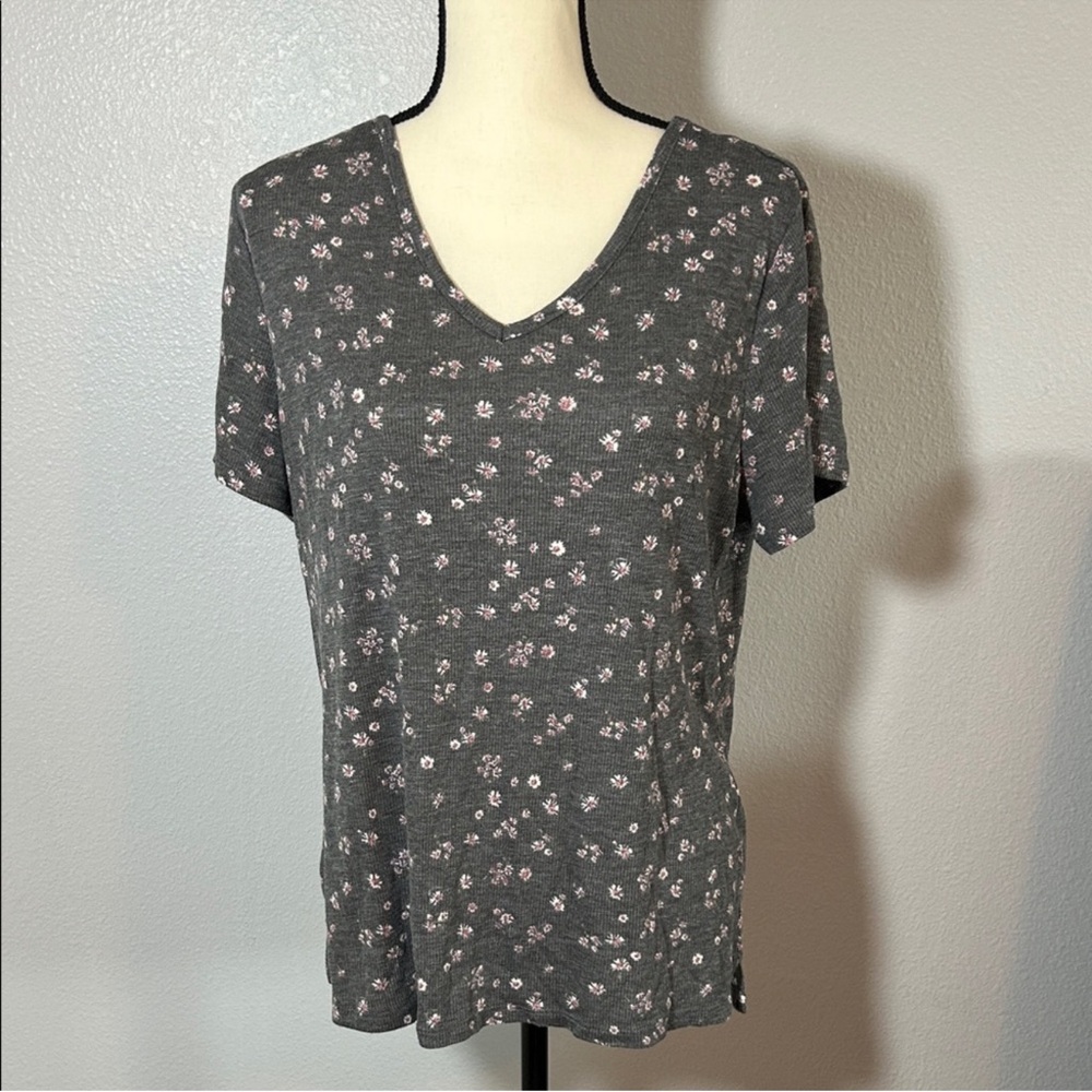 Maurices Charcoal Gray V-Neck Tee with Pink Floral Print